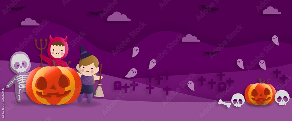 Halloween party in paper art style with childs wearing devil, ghost, witch costume. greeting card and posters. Vector illustration.