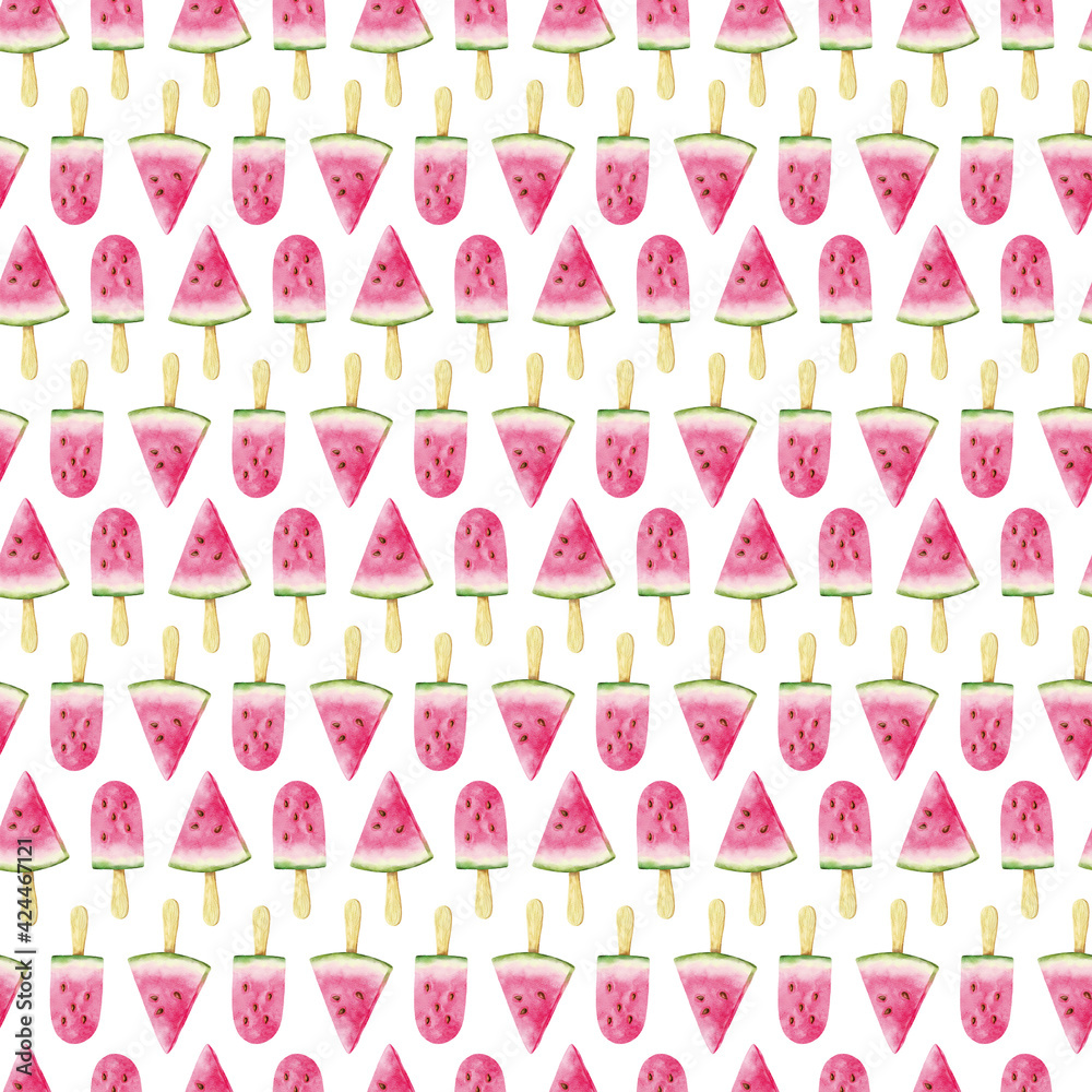 Seamless pattern with watercolor watermelon slices on white background. Perfect for wrapping paper and fabric textile.
