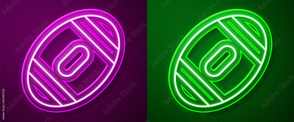 Glowing neon line American Football ball icon isolated on purple and green background. Rugby ball icon. Team sport game symbol. Vector Glowing neon line American Football ball icon isolated on purple and green background. Rugby ball icon. Team sport game symbol. Vector