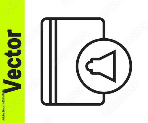 Black line Audio book icon isolated on white background. Book with headphones. Audio guide sign. Online learning concept. Vector