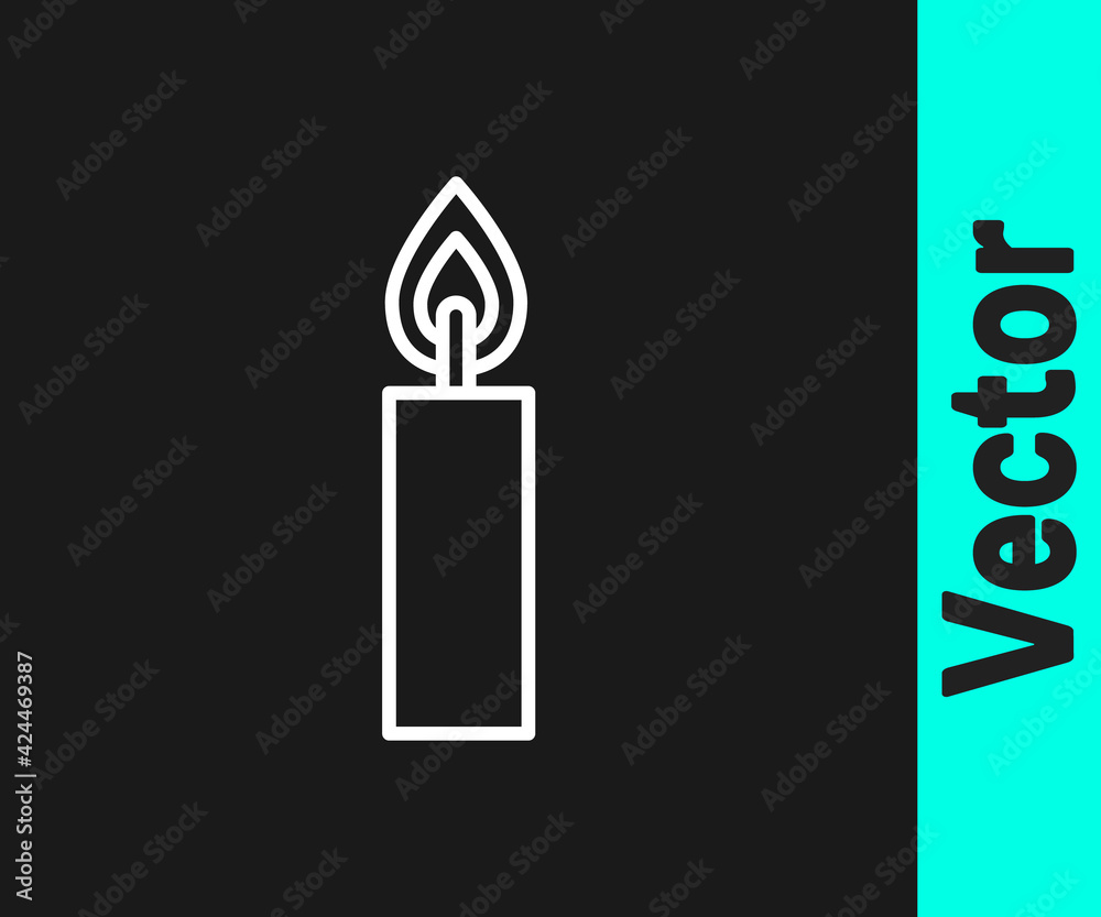 White line Burning candle icon isolated on black background. Cylindrical candle stick with burning flame. Vector