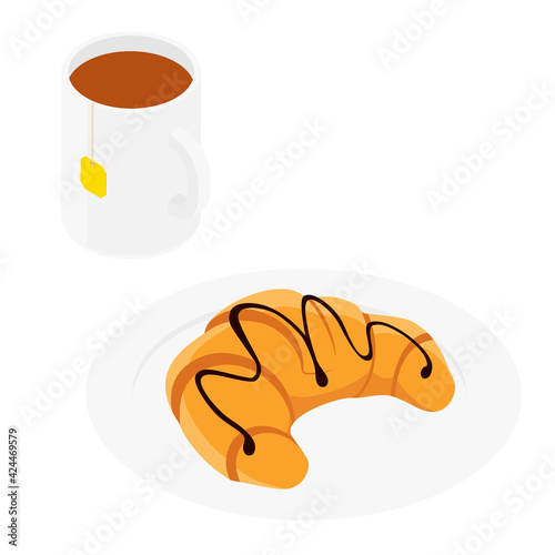 French breakfest croissant and mug of tea isolated on white background
