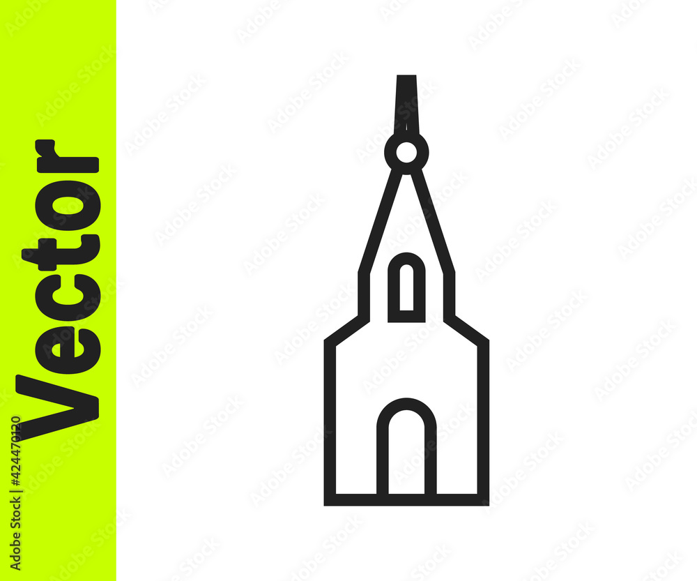Black line Church building icon isolated on white background. Christian Church. Religion of church. Vector