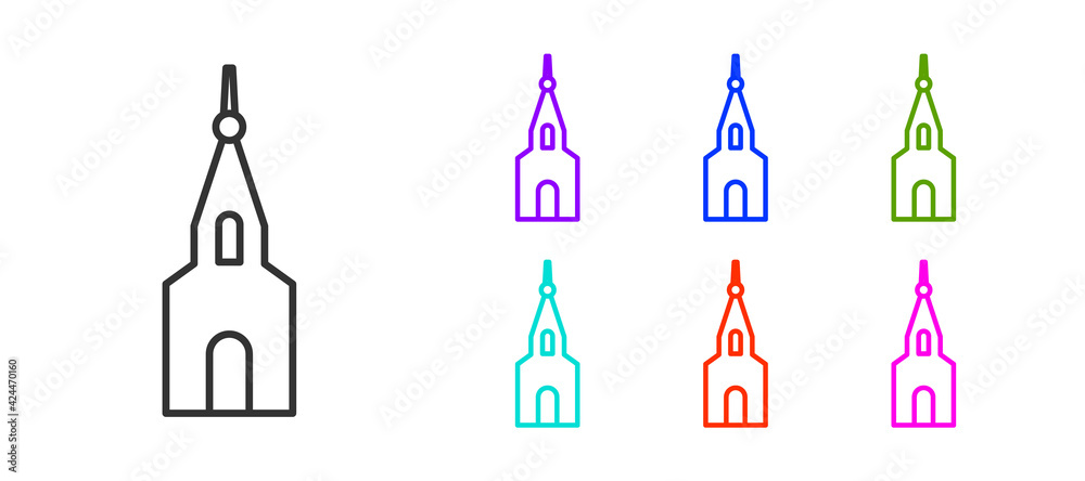 Black line Church building icon isolated on white background. Christian Church. Religion of church. Set icons colorful. Vector