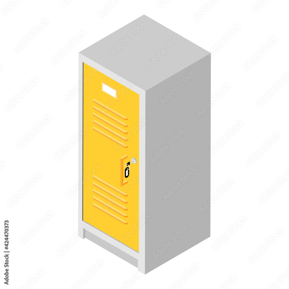 Yellow metal locker door with key isolated on white background. Yellow metal locker door with key isolated on white background.