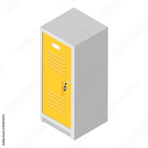 Yellow metal locker door with key isolated on white background.