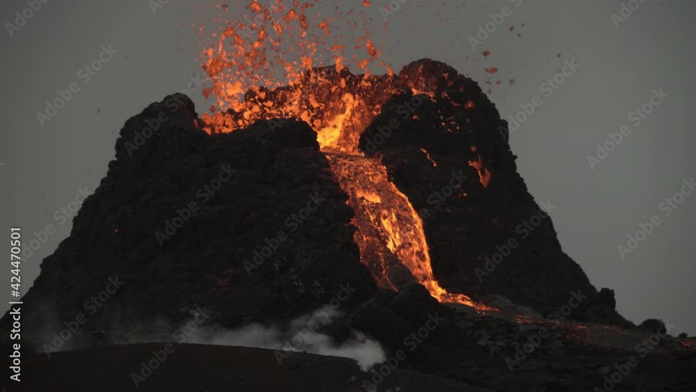 Volcanic eruption Iceland 2021 volcano cone river close up