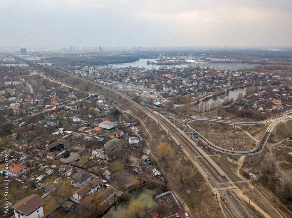 Railway in the city. Aerial drone view.