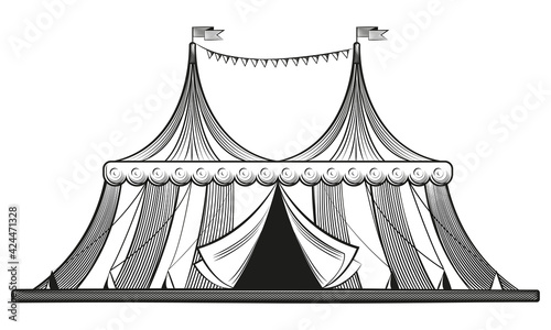 Traditional circus tent. Carnaval construction in engraving style.
