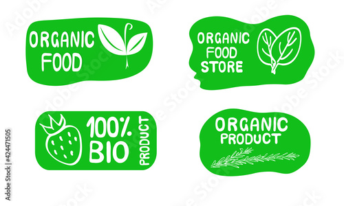 Set of organic, bio food label. Green leaves veggie, organic icon. Healthy, eco, organic, vegetable logo. Vector flat illustration