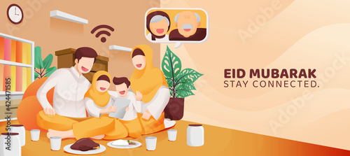Eid Mubarak Muslim Celebration Family Teleconference Video Call Their Elder From Home