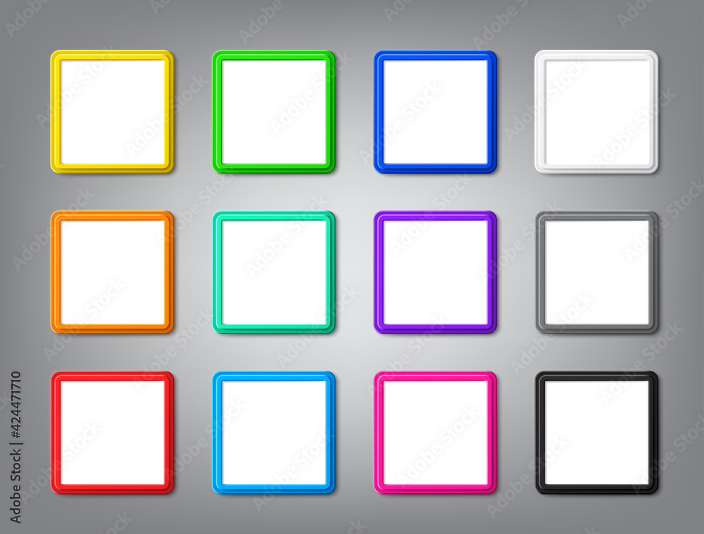 Collection of square frames with vector shadows and rounded corners are blank mockup. Vector modern design of template photo frame is perfect for presentations, photos and pictures