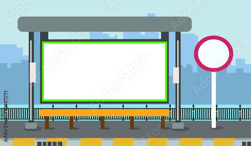 Flat design bus stop in shadow city background