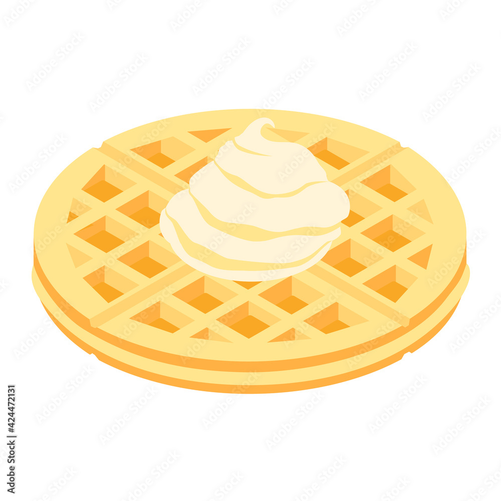 Fresh round belgium waffle with ice cream isolated on white background isometric view Fresh round belgium waffle with ice cream isolated on white background isometric view