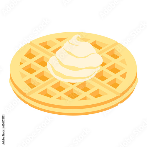Fresh round belgium waffle with ice cream isolated on white background isometric view