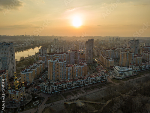 Sunset over Kiev. Aerial drone view.
