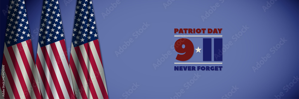 Fototapeta premium Wide banner dedicated to September 11, 2001. Three US flags. Patriot Day, never forget. 911