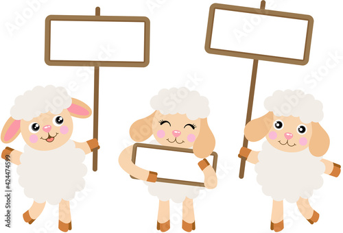 Three cute lamb sheeps with empty signboards