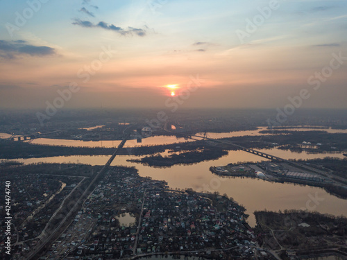 Sunset over the Dnieper River in Kiev. Aerial high view. © Sergey