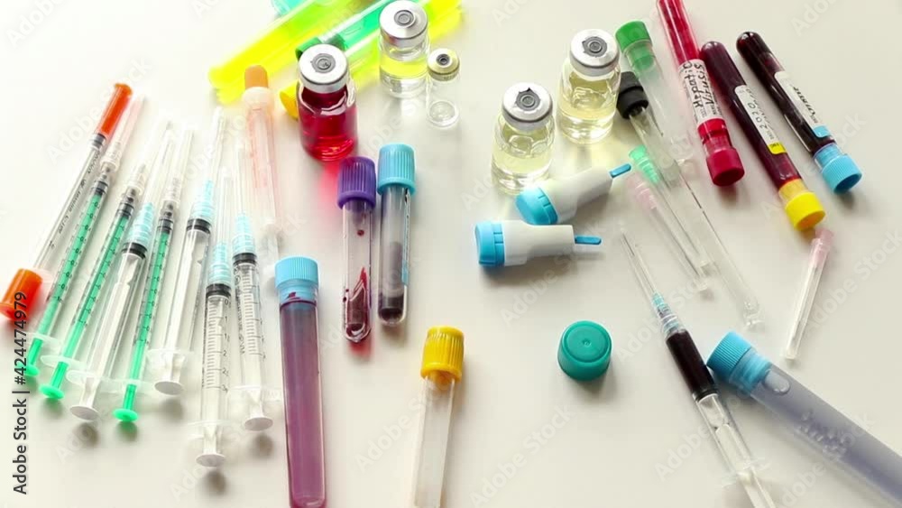 Blood test samples, tube and needle for blood test and doctors hand with glove Blood test samples, tube and needle for blood test and doctors hand with glove