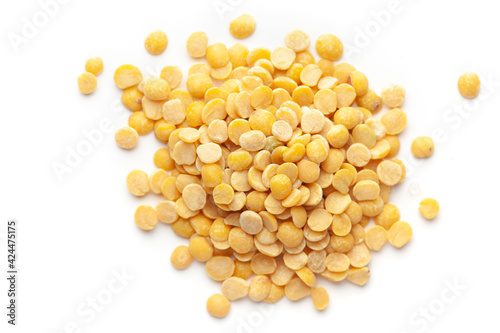 Macro Close-up of Organic arhar dal (Cajanus cajan) cleaned on a white background. Top view photo