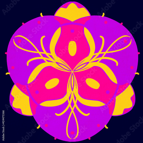 Purple fractal, botanical mandala on a dark background. Vintage pattern with abstraction ethnic ornament for decor, textiles, fabrics, packaging, wrapping paper, wallpaper, design, prints