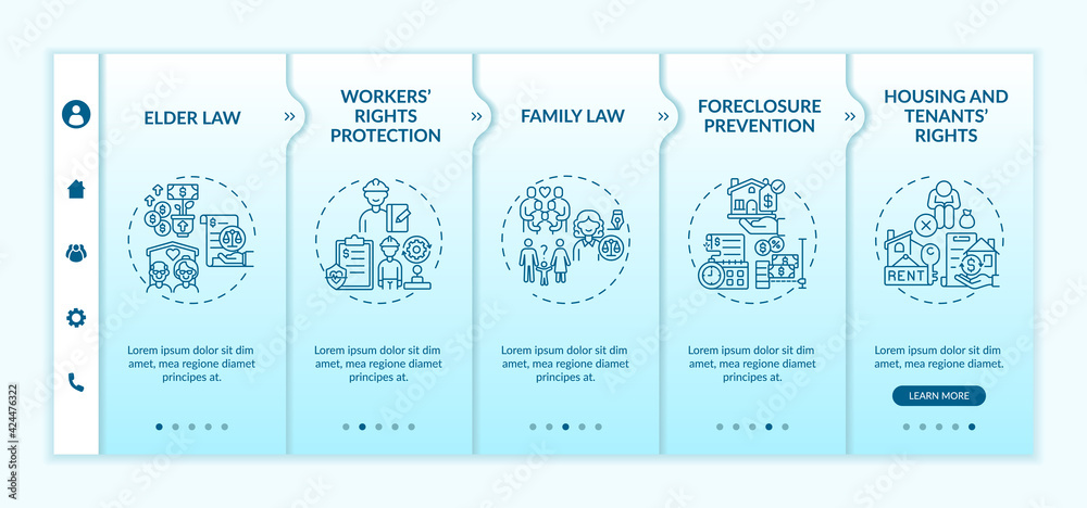 Legal services types onboarding vector template. Responsive mobile website with icons. Web page walkthrough 5 step screens. Workers rights protection color concept with linear illustrations