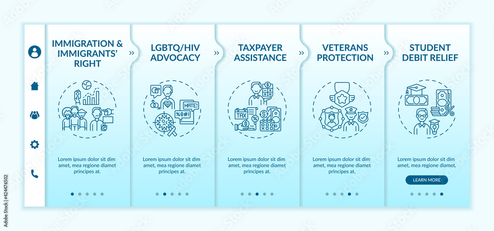 Legal services types onboarding vector template. Responsive mobile website with icons. Web page walkthrough 5 step screens. Student debt relief color concept with linear illustrations