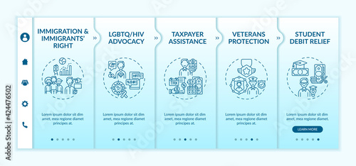 Legal services types onboarding vector template. Responsive mobile website with icons. Web page walkthrough 5 step screens. Student debt relief color concept with linear illustrations