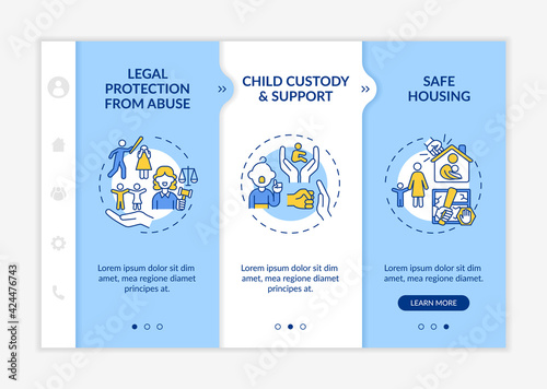 Domestic violence survivors support onboarding vector template. Responsive mobile website with icons. Web page walkthrough 3 step screens. Protection from abuse color concept with linear illustrations