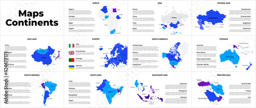 Continents vector maps country infographics set. Slides presentation templates with flags