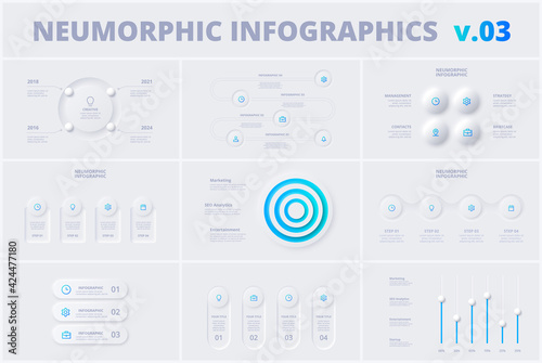 Set with neumorphic infographic design templates. Modern neumorphism vector illustration for presentation slide