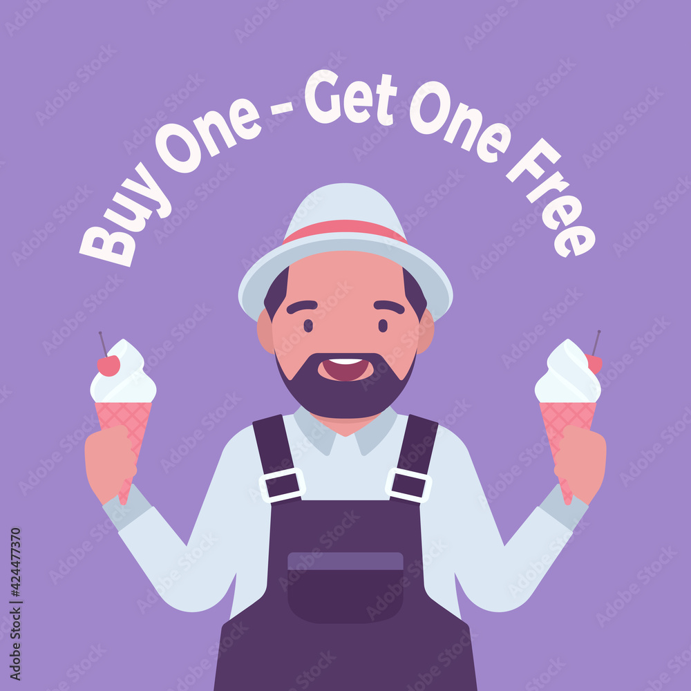 Buy one, get one free, ice cream shop sale promotion. Fat handsome positive man seller offering two products for same price, marketing tactic for retailers. Vector creative stylized illustration