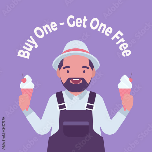 Buy one, get one free, ice cream shop sale promotion. Fat handsome positive man seller offering two products for same price, marketing tactic for retailers. Vector creative stylized illustration