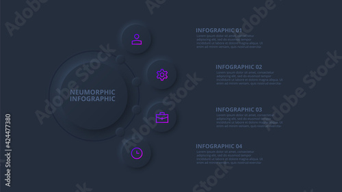 Dark neumorphic flow chart infographic. Template for diagram, graph, presentation and chart. Skeuomorph concept with 4 options, parts, steps or processes