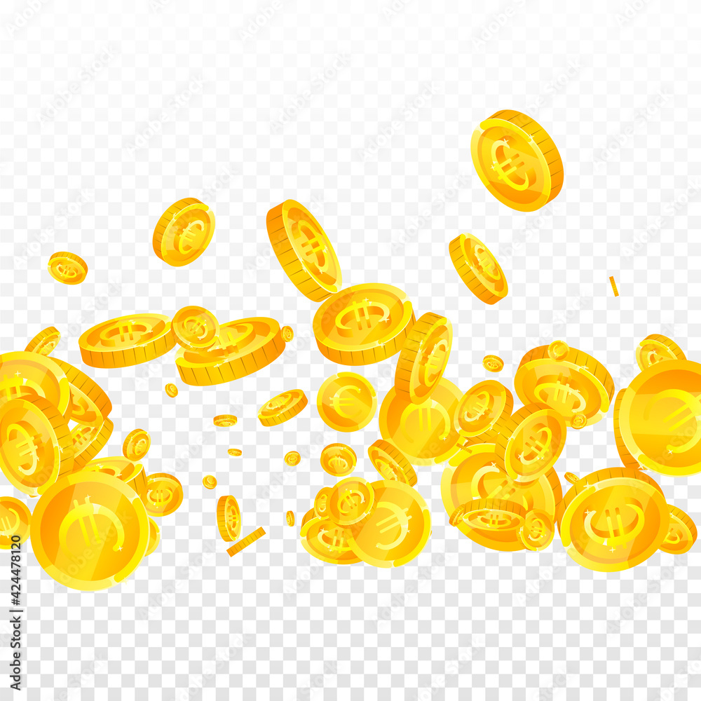 European Union Euro coins falling. Exquisite scattered EUR coins. Europe money. Glamorous jackpot, wealth or success concept. Vector illustration.