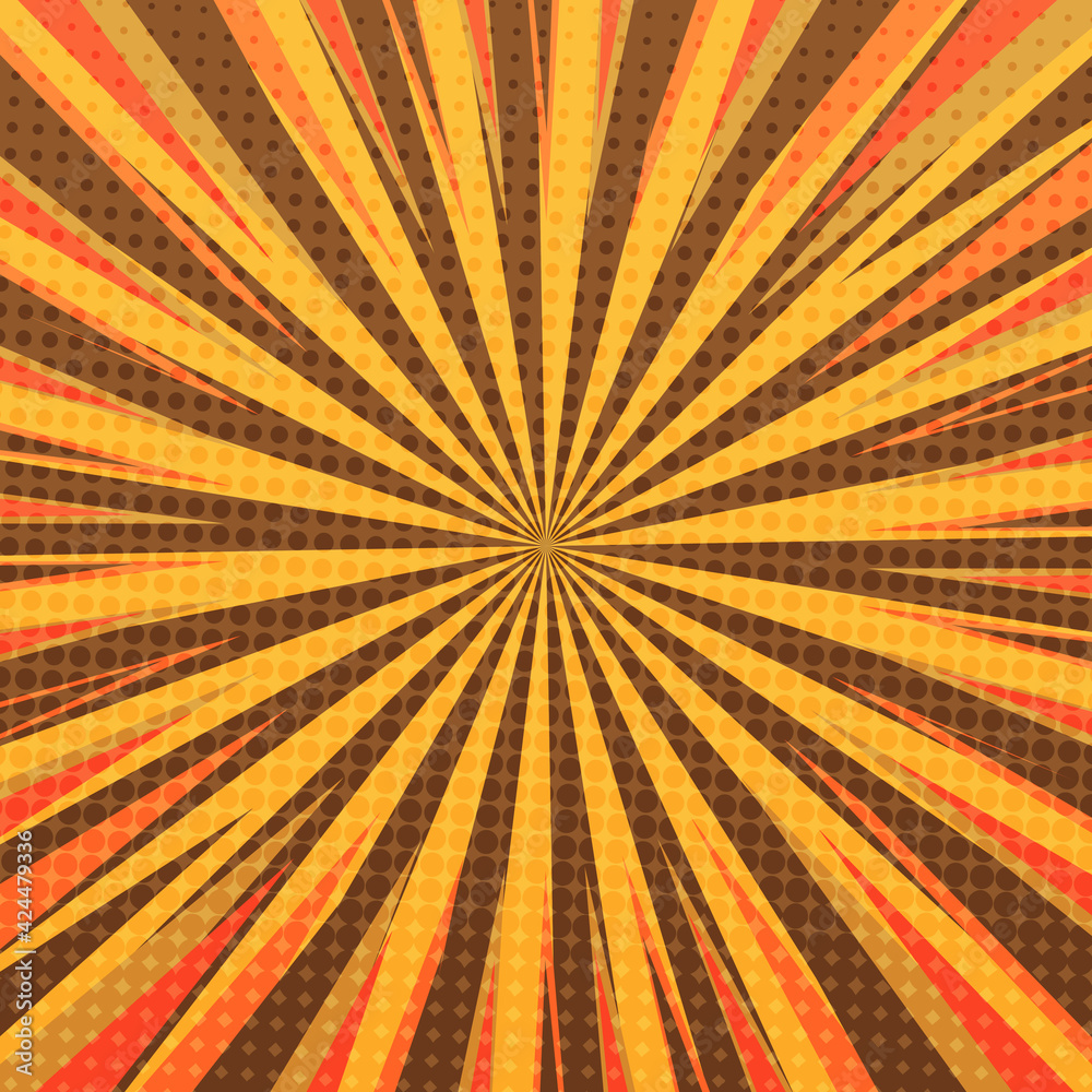 Obraz premium Pop art radial colorful comics book magazine cover. Striped orange and blue digital background. Cartoon funny retro pattern strip mock up. Vector halftone illustration. Sunburst, starburst shape
