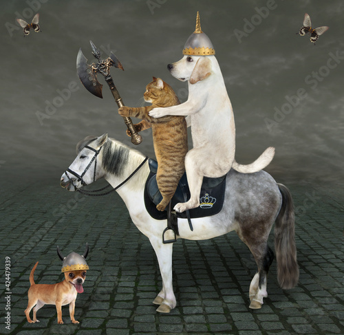 A dog labrador warrior in a helmet armed with a battle axe and a beige cat ride a gray horse along the road.