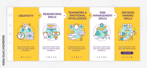Problem-solving abilities onboarding vector template. Responsive mobile website with icons. Web page walkthrough 5 step screens. Creative thinking color concept with linear illustrations