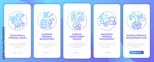 Personal development steps navy onboarding mobile app page screen with concepts. Self-improvement walkthrough 5 steps graphic instructions. UI, UX, GUI vector template with linear color illustrations