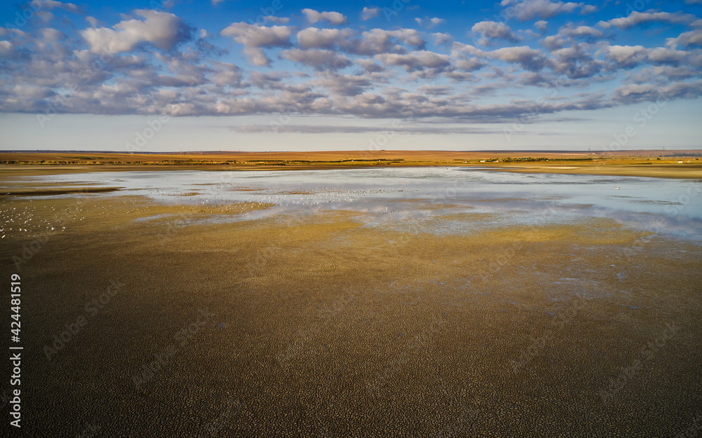 Dry lake or swamp in the process of drought and lack of rain or moisture, a global natural disaster - aerial drone view Dry lake or swamp in the process of drought and lack of rain or moisture, a global natural disaster - aerial drone view