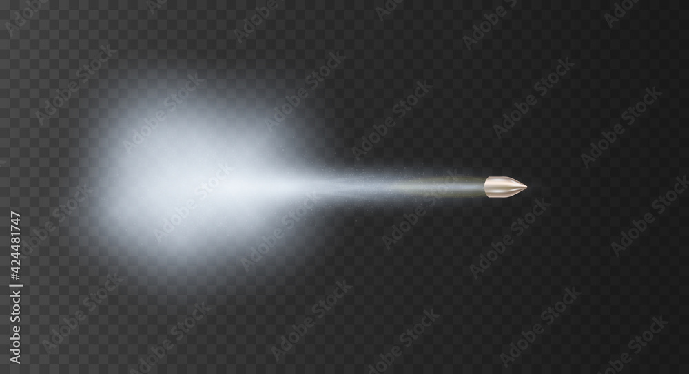 Realistic flying bullet with smoke trace. Steam or gas jet. Vector illustration - obrazy, fototapety, plakaty 