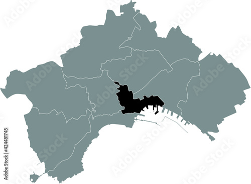 Black location map of the Neapolitan 2nd municipality (Avvocata, Mercato, Montecalvario, Pendino, Porto, San Giuseppe) inside the Italian city of Naples, Italy photo