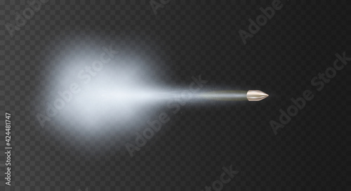 Realistic flying bullet with smoke trace. Steam or gas jet. Vector illustration