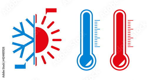 Cold and hot, snowflake and sun, thermometer icons. Vector illustration isolated on white