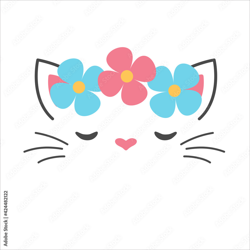 Cute cat face vector Decorate the head with colorful flowers. Isolated on background. Cute cat face vector Decorate the head with colorful flowers. Isolated on background.