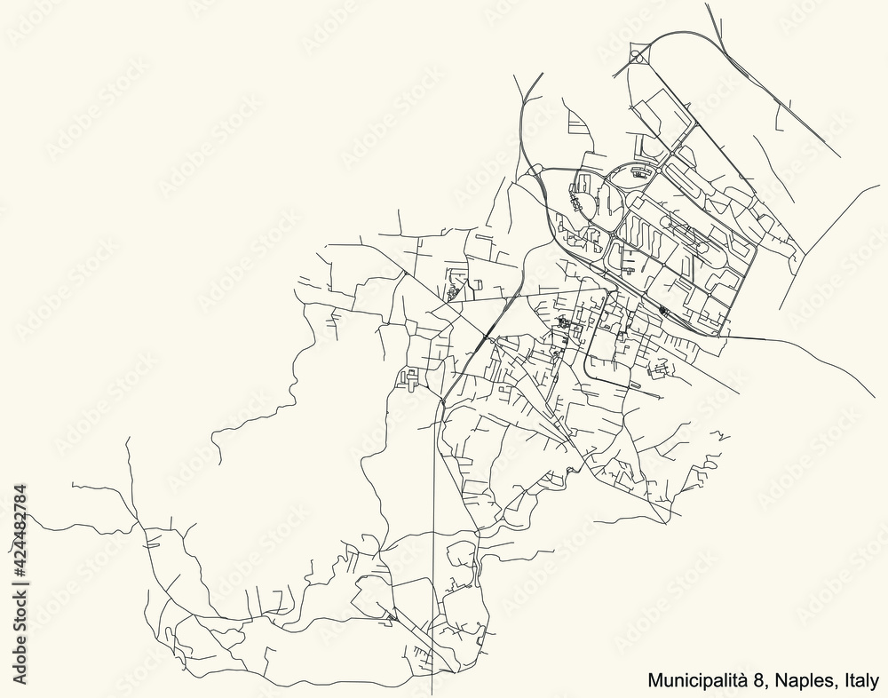 Black simple detailed street roads map on vintage beige background of the quarter 8th municipality (Chiaiano, Marianella, Piscinola, Scampia) of Naples, Italy