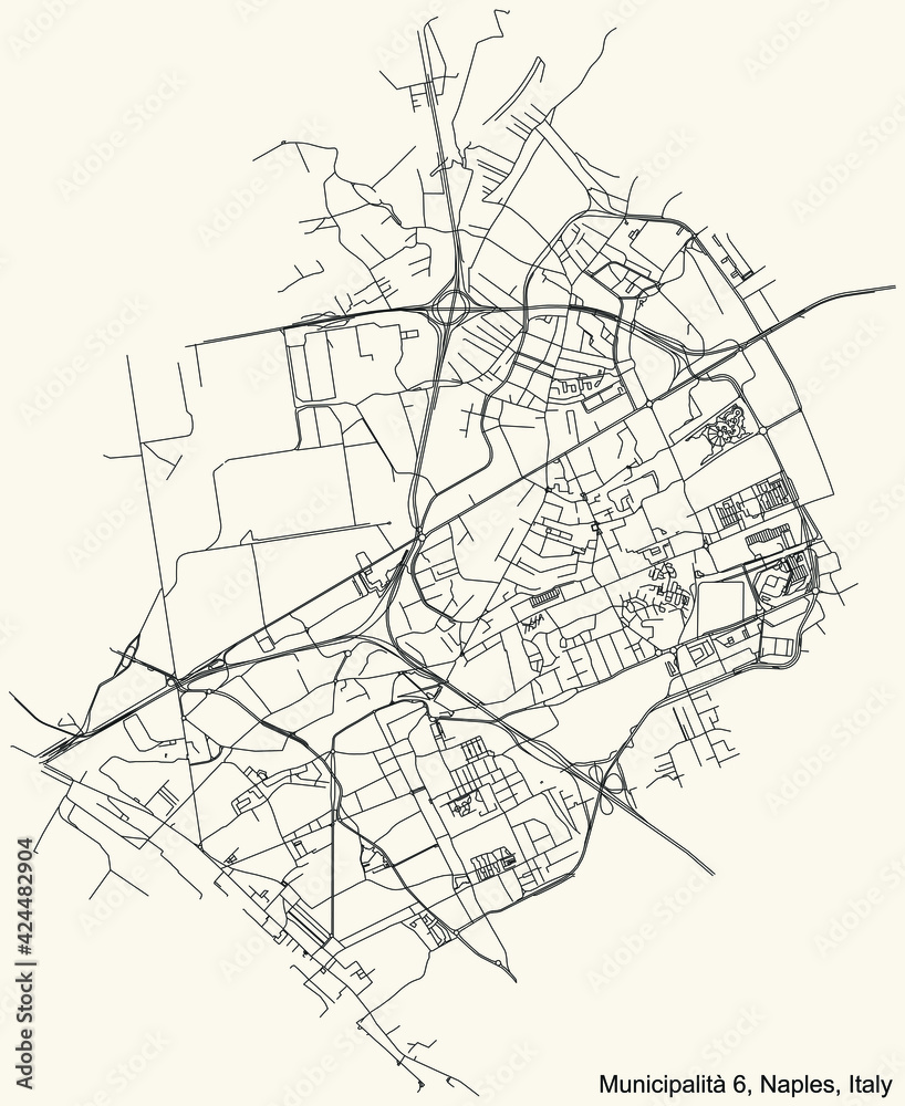 Black simple detailed street roads map on vintage beige background of the quarter 6th municipality (Barra, Ponticelli, San Giovanni a Teduccio) of Naples, Italy