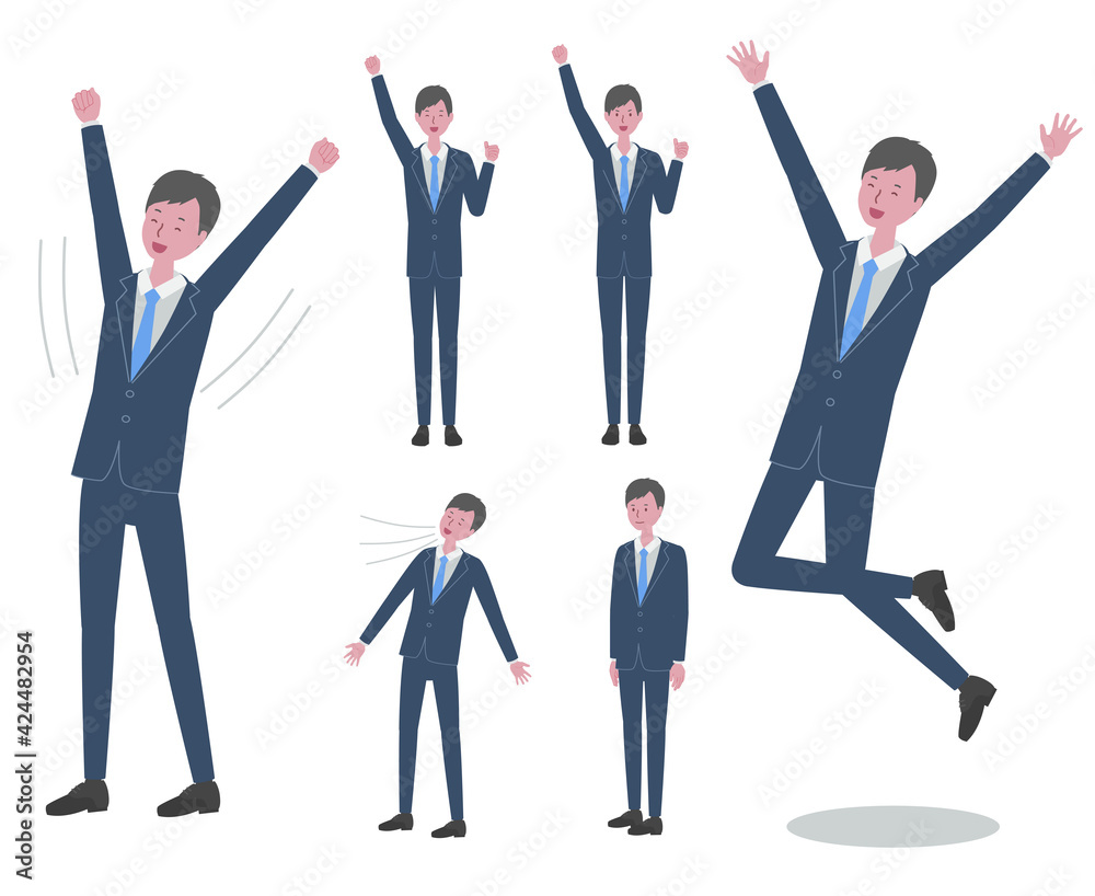 背伸び ジャンプ 深呼吸 ガッツポーズをする 青いスーツを着た男性のイラストセット Stock Vector Adobe Stock
