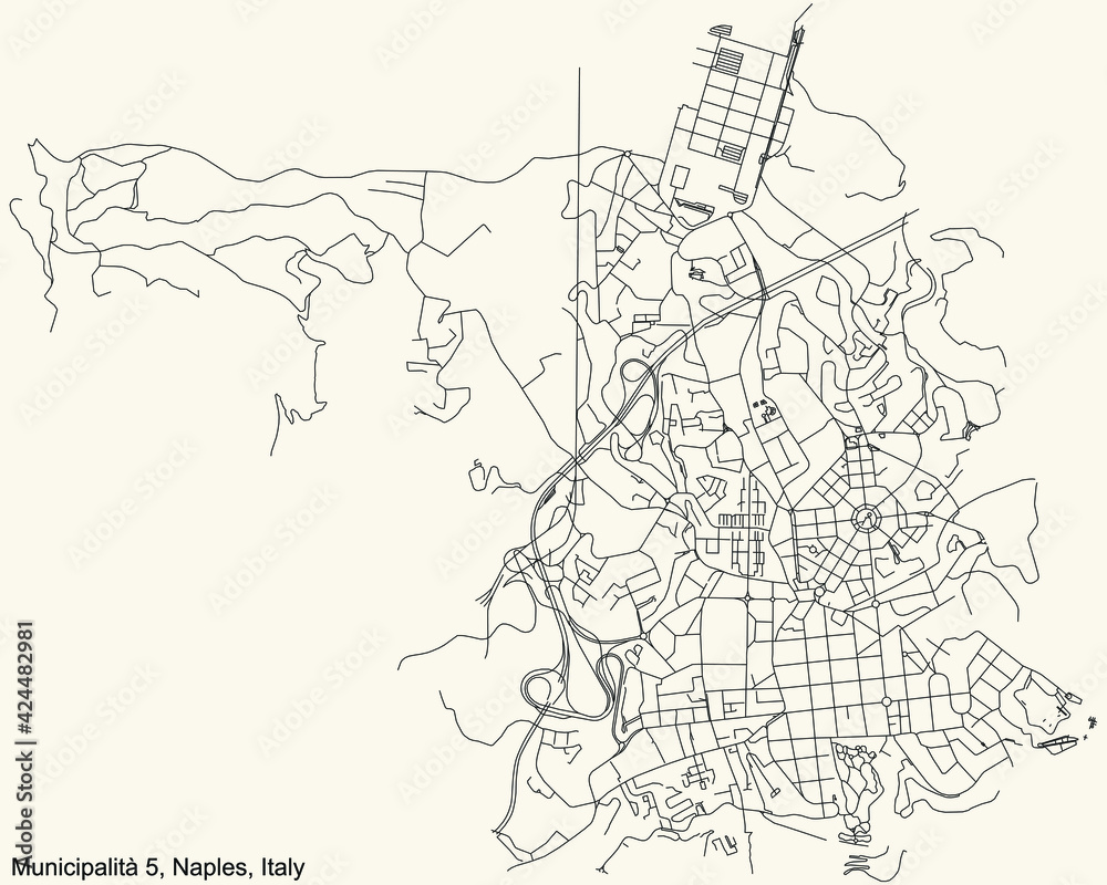 Black simple detailed street roads map on vintage beige background of the quarter 5th municipality (Arenella, Vomero) of Naples, Italy